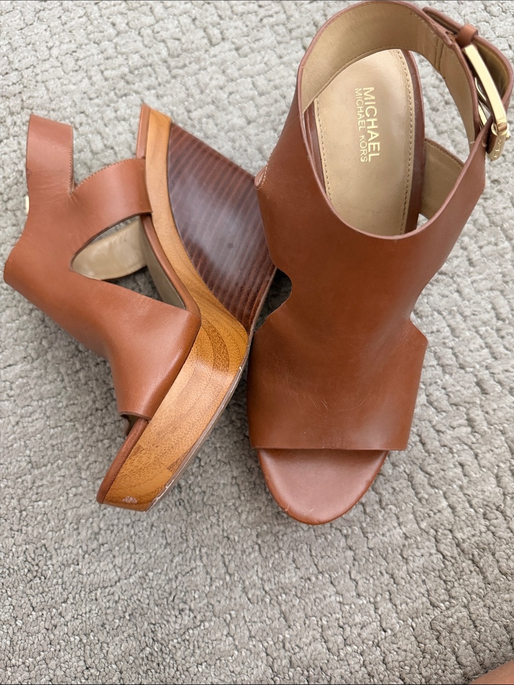 Michael Kors Cognac Leather Open-Toe Wedge Sandals